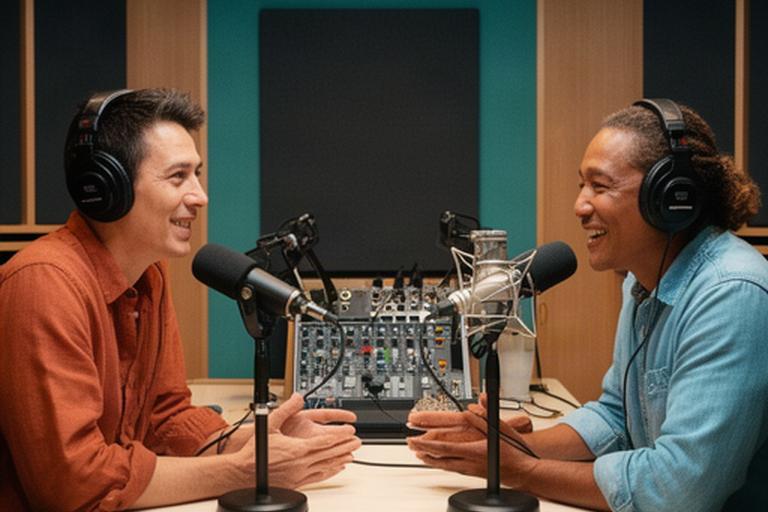 沖縄のスタジオで英語の地域情報番組を収録する二人の出演者